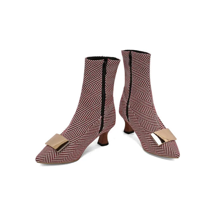 Women's Metal Decor Pointed Toe Hoof Heel Ankle Boots