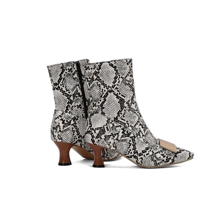 Women's Metal Decor Pointed Toe Hoof Heel Ankle Boots