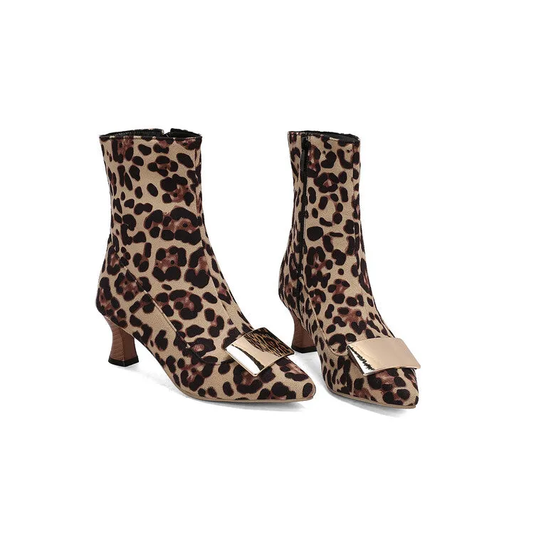 Women's Metal Decor Pointed Toe Hoof Heel Ankle Boots