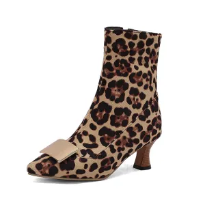 Women's Metal Decor Pointed Toe Hoof Heel Ankle Boots