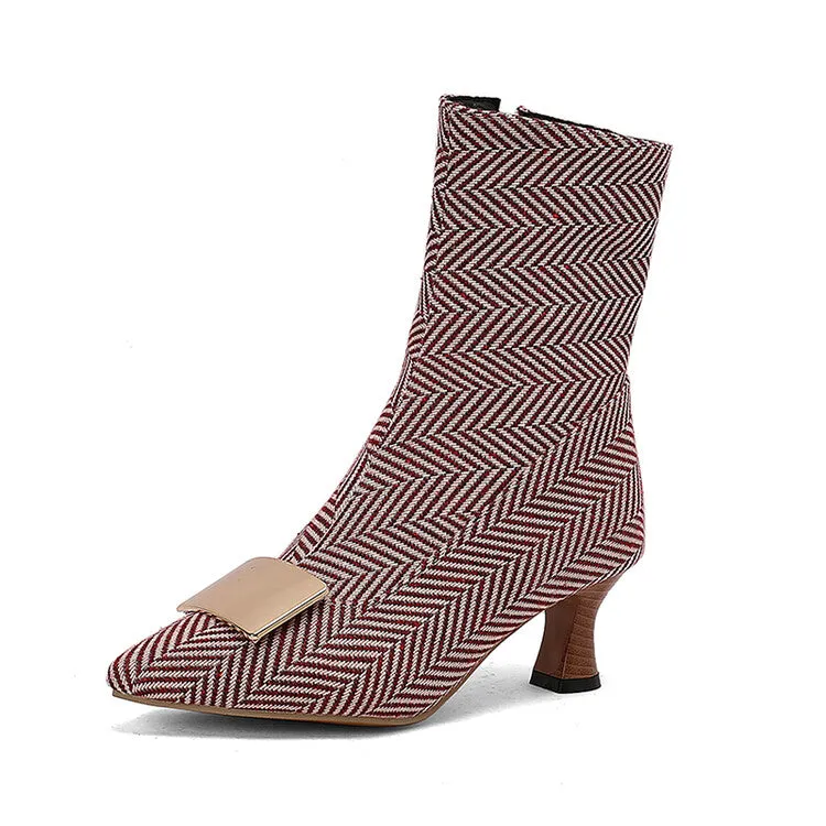 Women's Metal Decor Pointed Toe Hoof Heel Ankle Boots