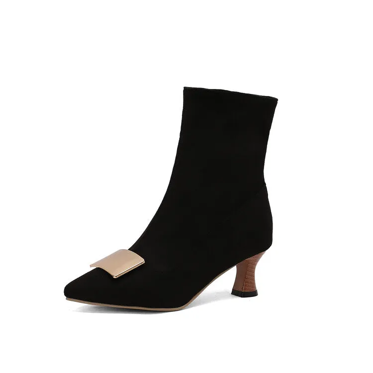 Women's Metal Decor Pointed Toe Hoof Heel Ankle Boots