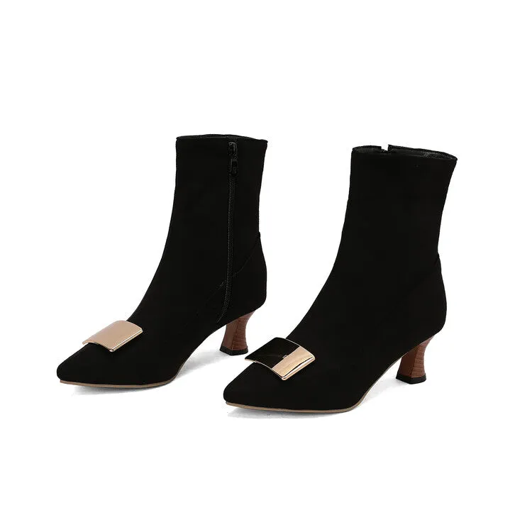 Women's Metal Decor Pointed Toe Hoof Heel Ankle Boots