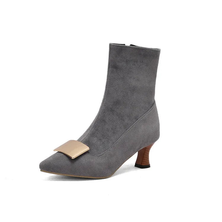 Women's Metal Decor Pointed Toe Hoof Heel Ankle Boots