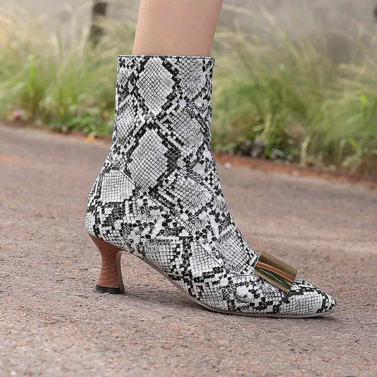 Women's Metal Decor Pointed Toe Hoof Heel Ankle Boots