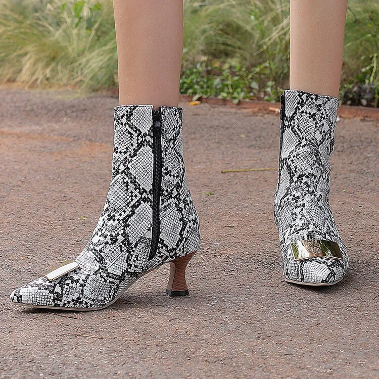 Women's Metal Decor Pointed Toe Hoof Heel Ankle Boots