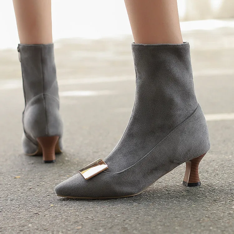 Women's Metal Decor Pointed Toe Hoof Heel Ankle Boots