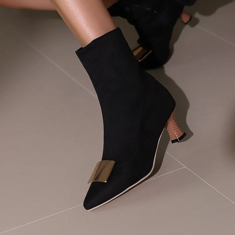 Women's Metal Decor Pointed Toe Hoof Heel Ankle Boots