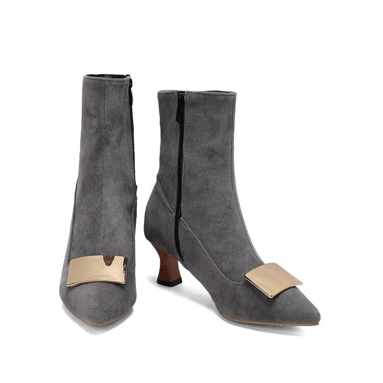 Women's Metal Decor Pointed Toe Hoof Heel Ankle Boots