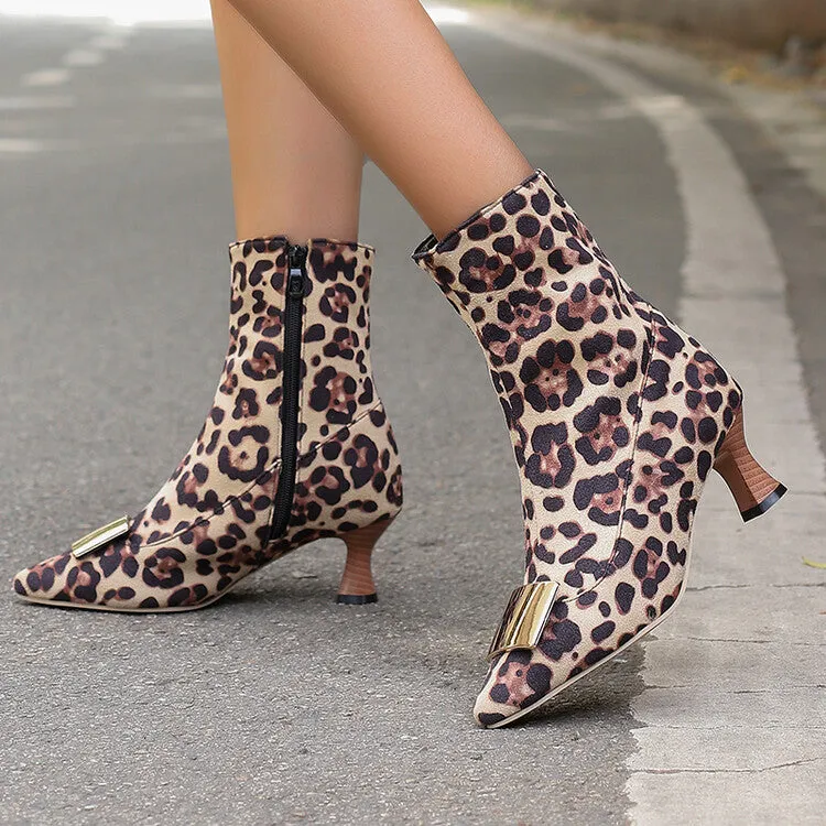 Women's Metal Decor Pointed Toe Hoof Heel Ankle Boots