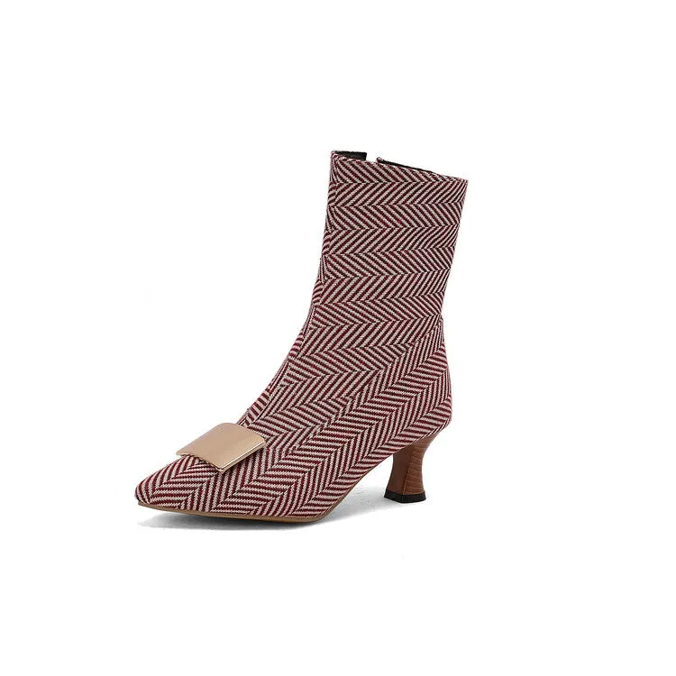 Women's Metal Decor Pointed Toe Hoof Heel Ankle Boots