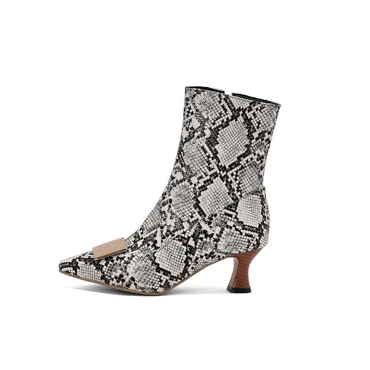 Women's Metal Decor Pointed Toe Hoof Heel Ankle Boots