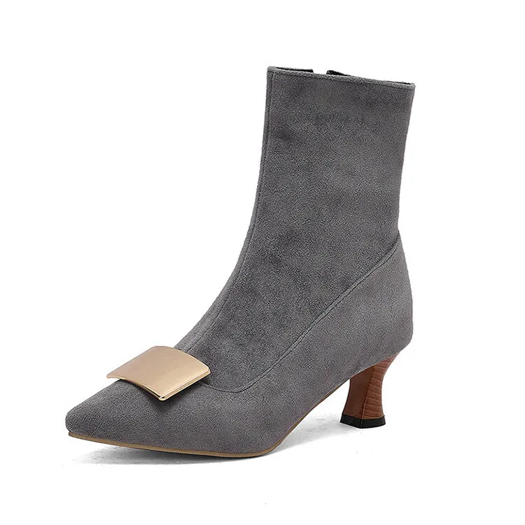 Women's Metal Decor Pointed Toe Hoof Heel Ankle Boots