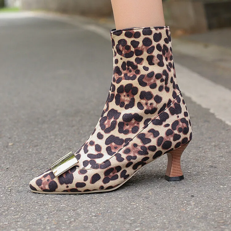 Women's Metal Decor Pointed Toe Hoof Heel Ankle Boots