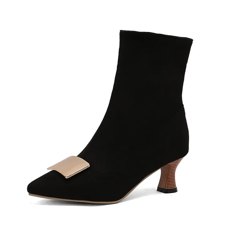 Women's Metal Decor Pointed Toe Hoof Heel Ankle Boots