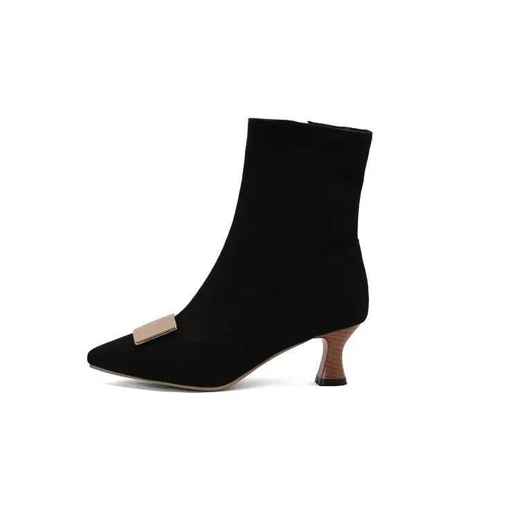 Women's Metal Decor Pointed Toe Hoof Heel Ankle Boots
