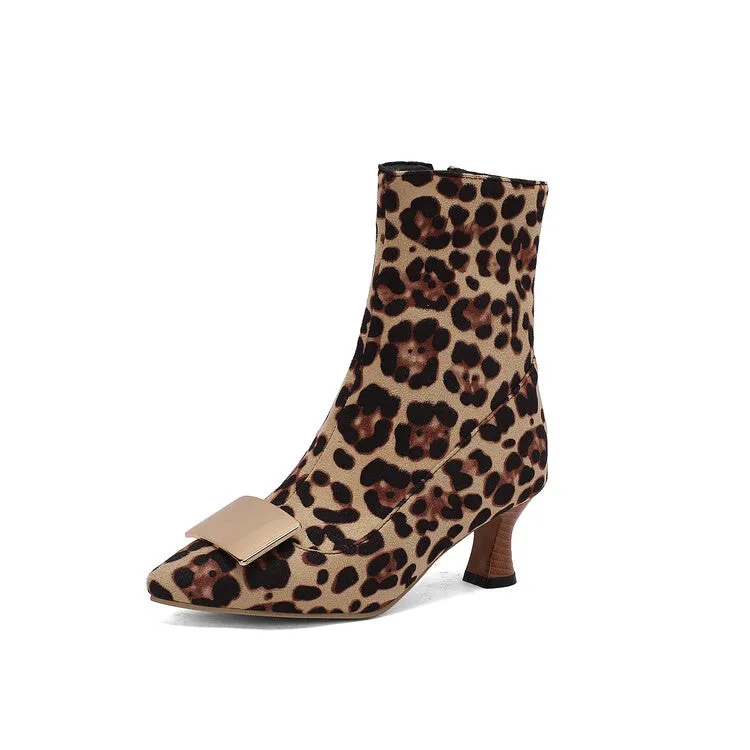 Women's Metal Decor Pointed Toe Hoof Heel Ankle Boots