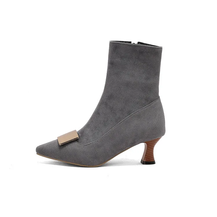 Women's Metal Decor Pointed Toe Hoof Heel Ankle Boots