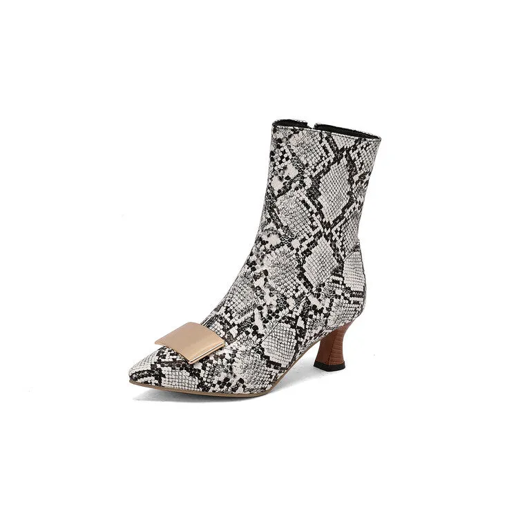 Women's Metal Decor Pointed Toe Hoof Heel Ankle Boots