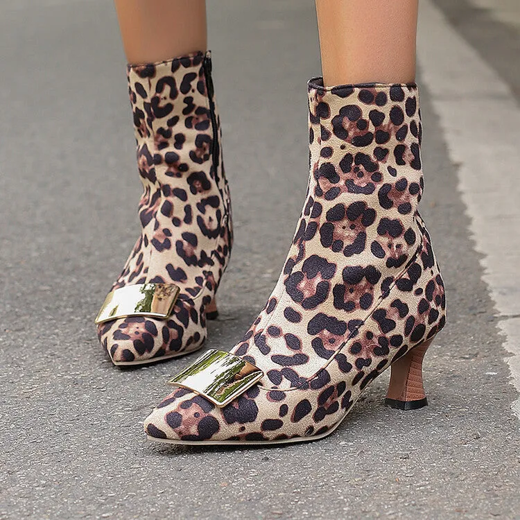 Women's Metal Decor Pointed Toe Hoof Heel Ankle Boots