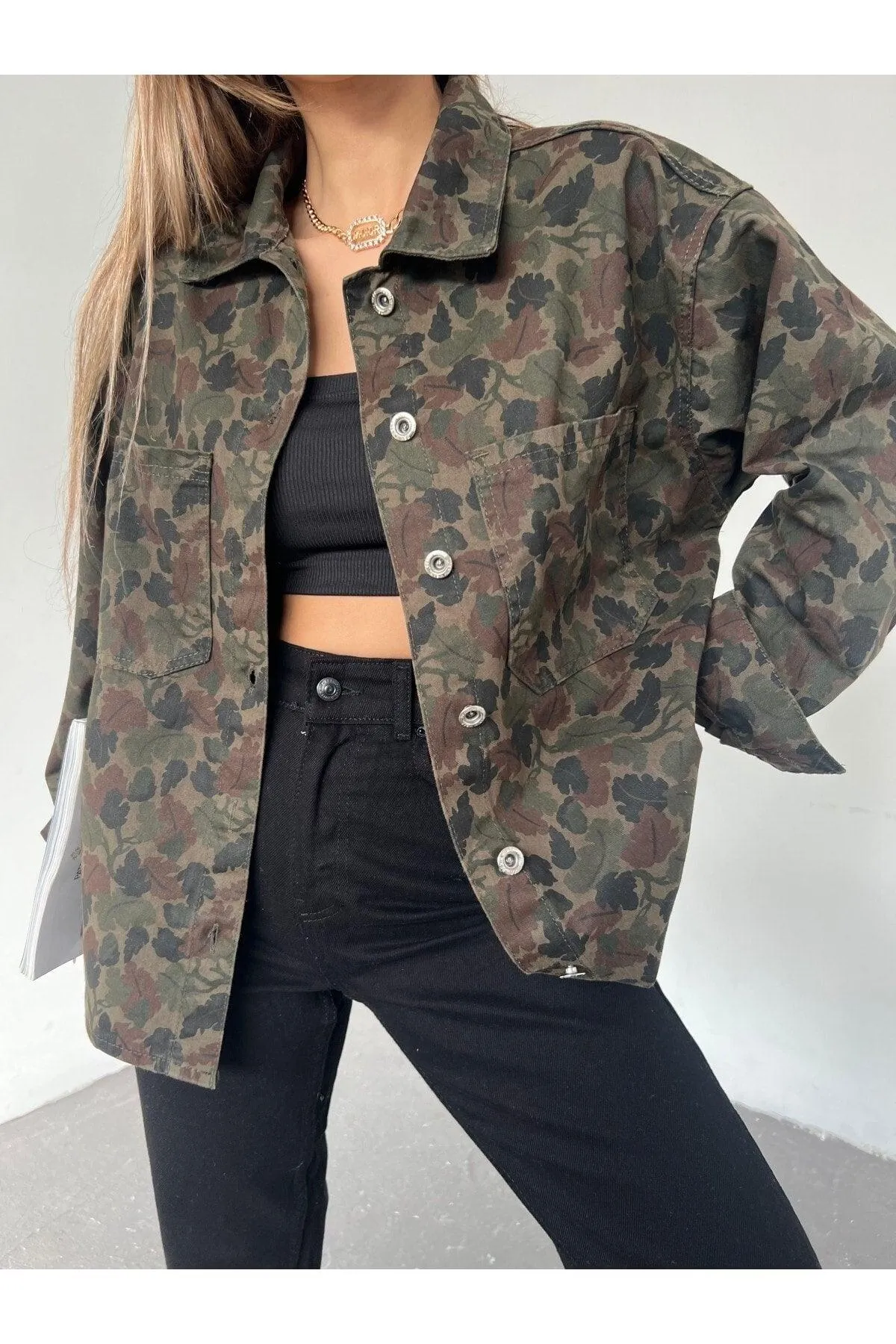 Women's Oversize Long Sleeve Double Pocket Jacket Shirt Patterned