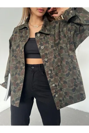 Women's Oversize Long Sleeve Double Pocket Jacket Shirt Patterned