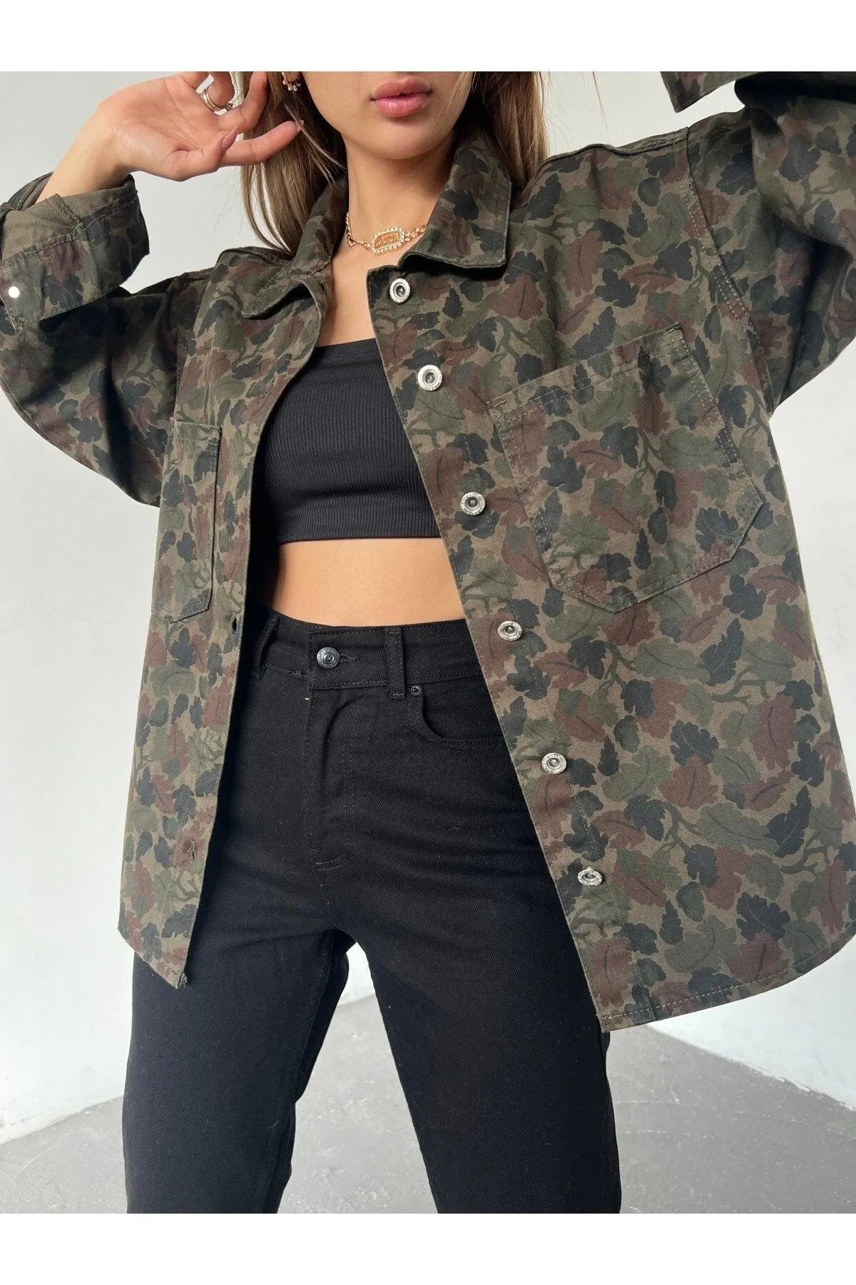 Women's Oversize Long Sleeve Double Pocket Jacket Shirt Patterned