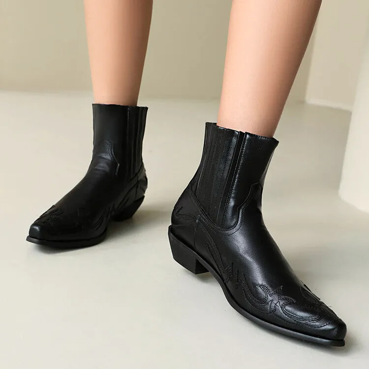 Women's Patchwork Pointed Toe Square Heel Western Ankle Boots