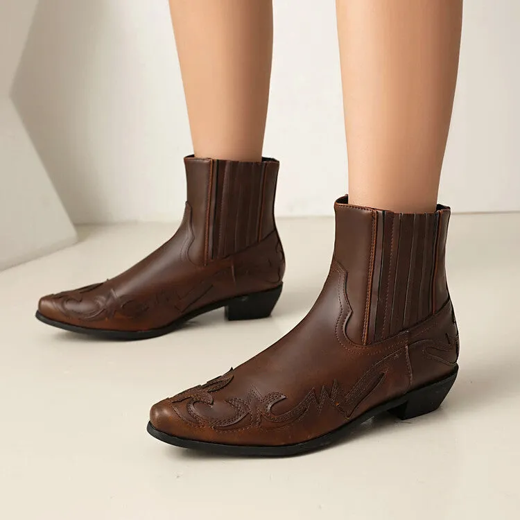Women's Patchwork Pointed Toe Square Heel Western Ankle Boots