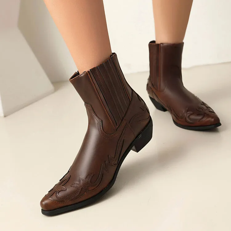 Women's Patchwork Pointed Toe Square Heel Western Ankle Boots