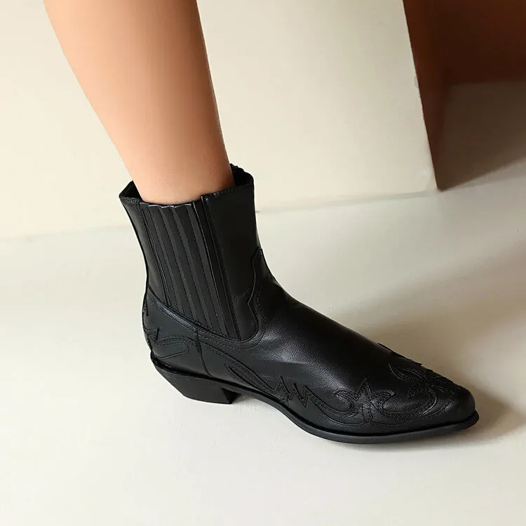 Women's Patchwork Pointed Toe Square Heel Western Ankle Boots