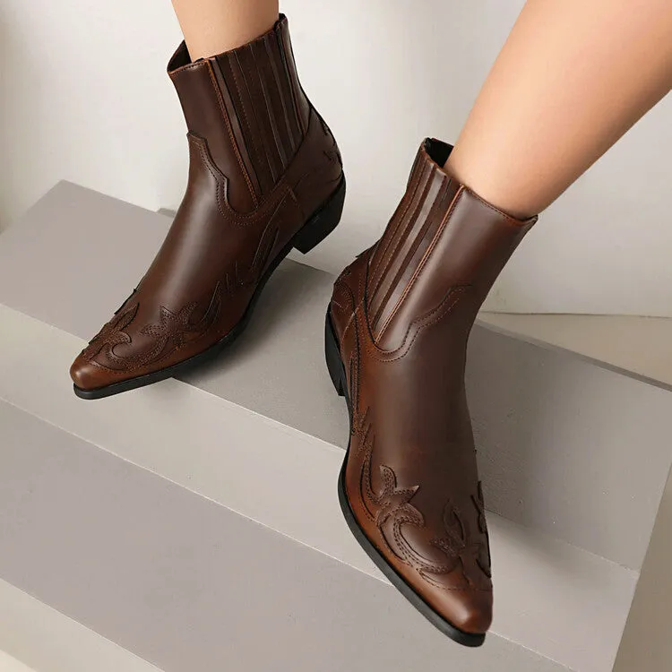 Women's Patchwork Pointed Toe Square Heel Western Ankle Boots