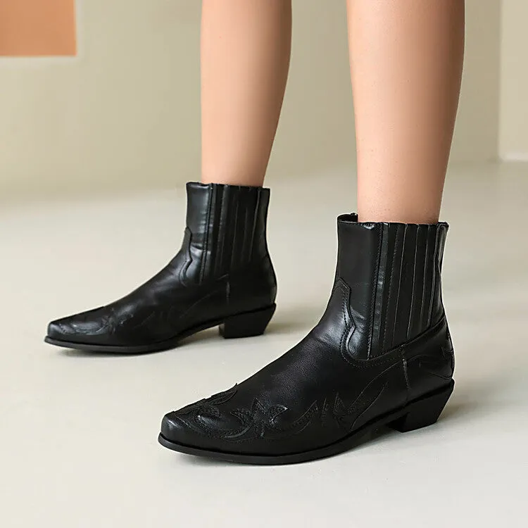 Women's Patchwork Pointed Toe Square Heel Western Ankle Boots