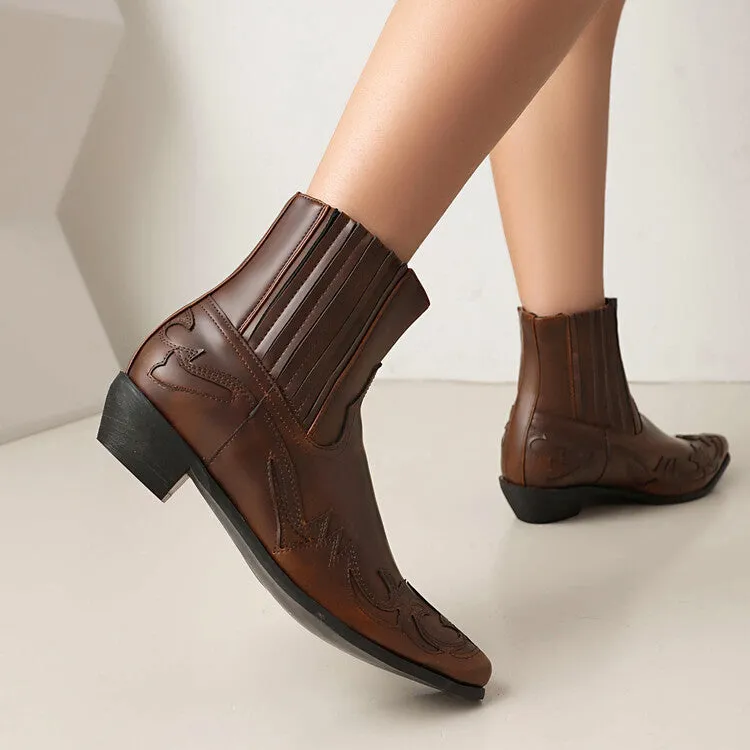 Women's Patchwork Pointed Toe Square Heel Western Ankle Boots