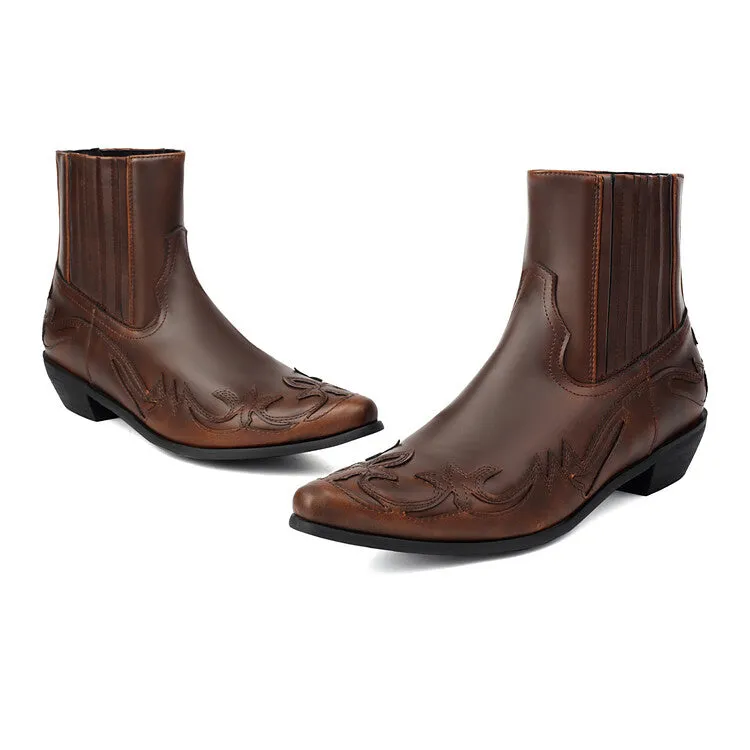 Women's Patchwork Pointed Toe Square Heel Western Ankle Boots