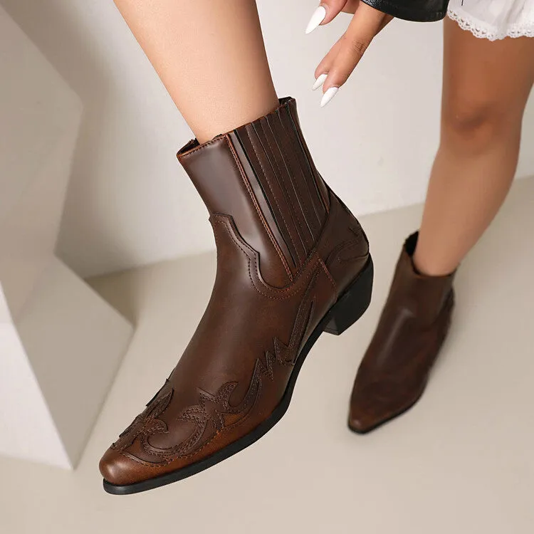 Women's Patchwork Pointed Toe Square Heel Western Ankle Boots