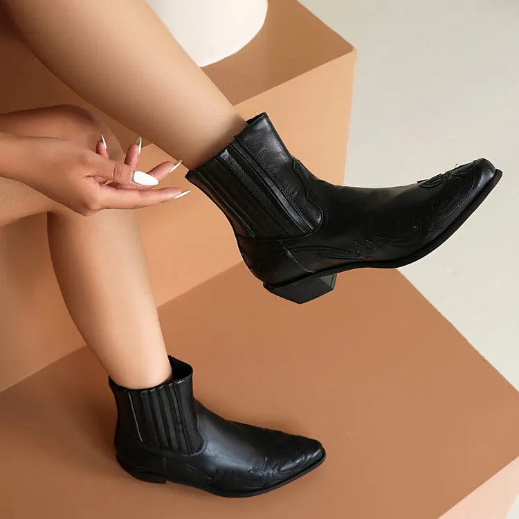 Women's Patchwork Pointed Toe Square Heel Western Ankle Boots