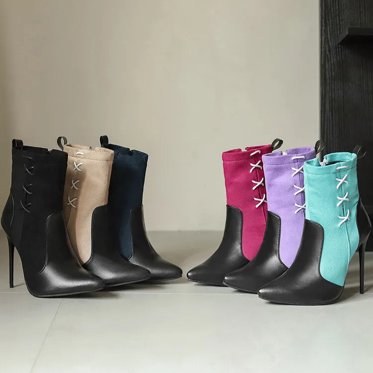 Women's Patchwork Pointed Toe Thin Heel Short Boots