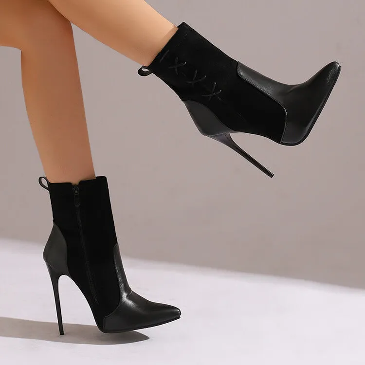 Women's Patchwork Pointed Toe Thin Heel Short Boots