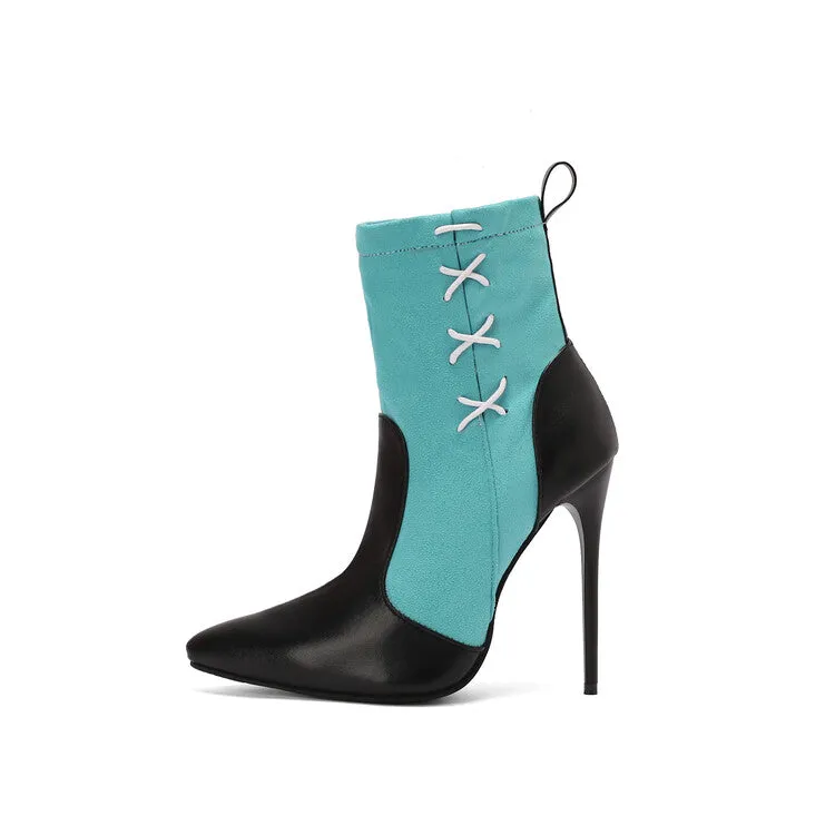 Women's Patchwork Pointed Toe Thin Heel Short Boots