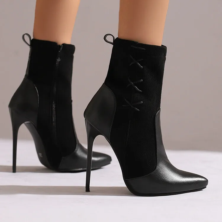 Women's Patchwork Pointed Toe Thin Heel Short Boots