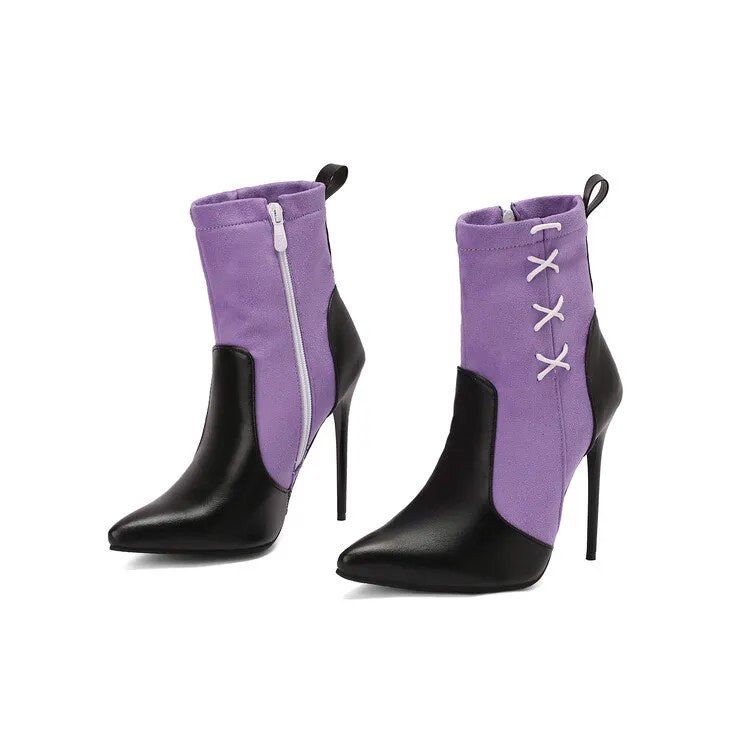 Women's Patchwork Pointed Toe Thin Heel Short Boots