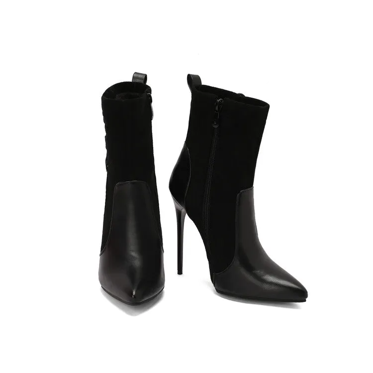 Women's Patchwork Pointed Toe Thin Heel Short Boots