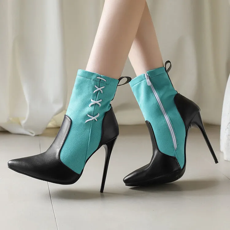 Women's Patchwork Pointed Toe Thin Heel Short Boots