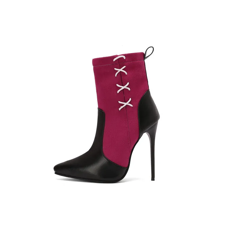 Women's Patchwork Pointed Toe Thin Heel Short Boots