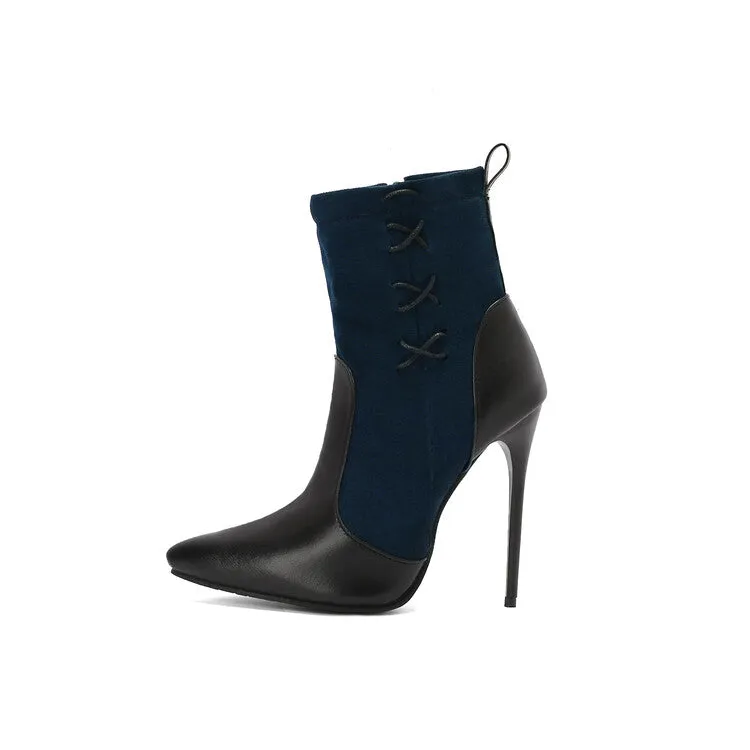 Women's Patchwork Pointed Toe Thin Heel Short Boots