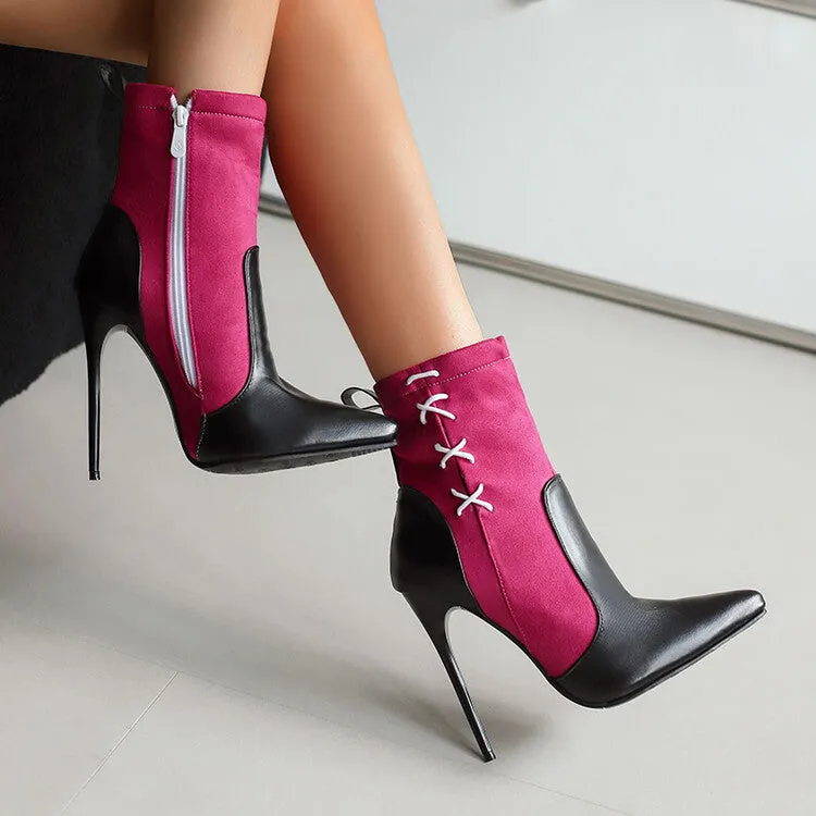 Women's Patchwork Pointed Toe Thin Heel Short Boots