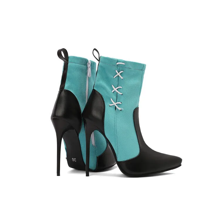 Women's Patchwork Pointed Toe Thin Heel Short Boots