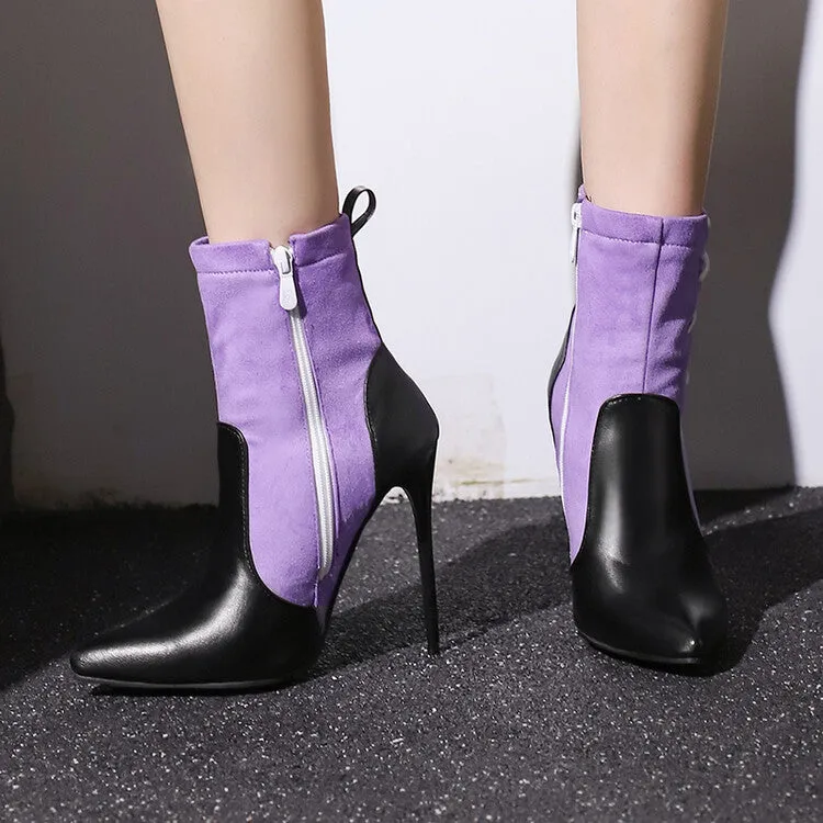 Women's Patchwork Pointed Toe Thin Heel Short Boots