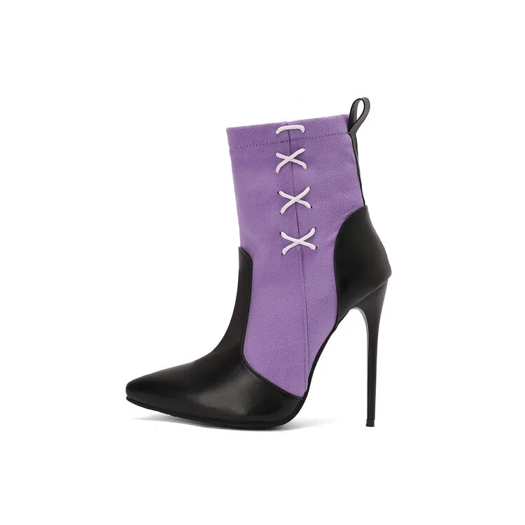 Women's Patchwork Pointed Toe Thin Heel Short Boots